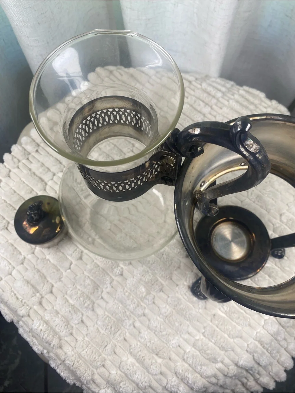 Vintage FB Rogers Silverplate Glass Coffee Carafe & Clawfoot Warmer Stand